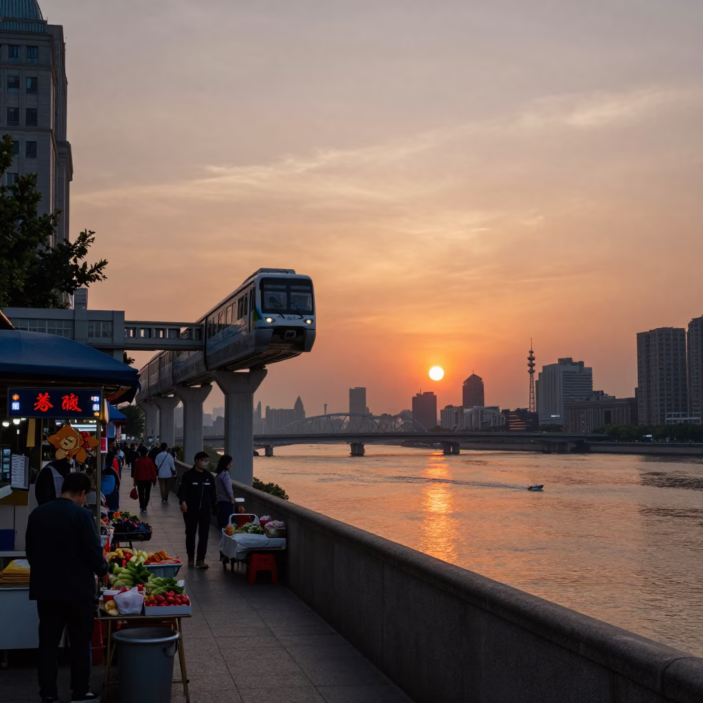 Shanghai Huangpu River Monorail at Sunset with Street Vendors and City Skyline in in Shanghai, China