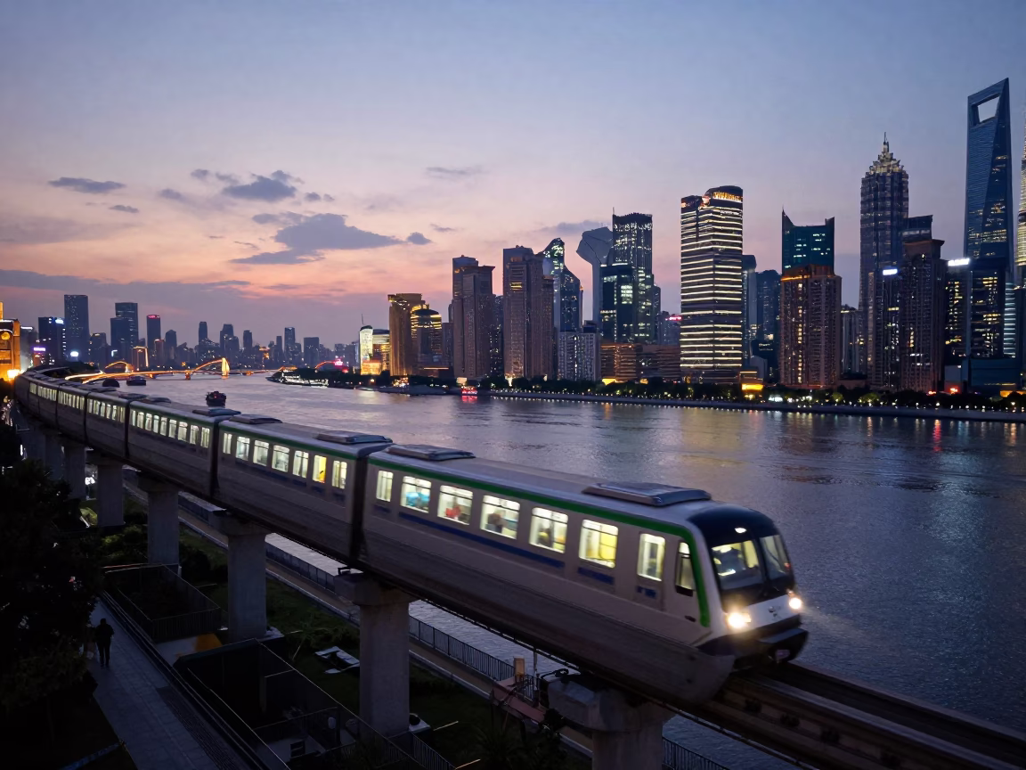 Shanghai Huangpu River Monorail at Twilight with City Lights in in Shanghai, China