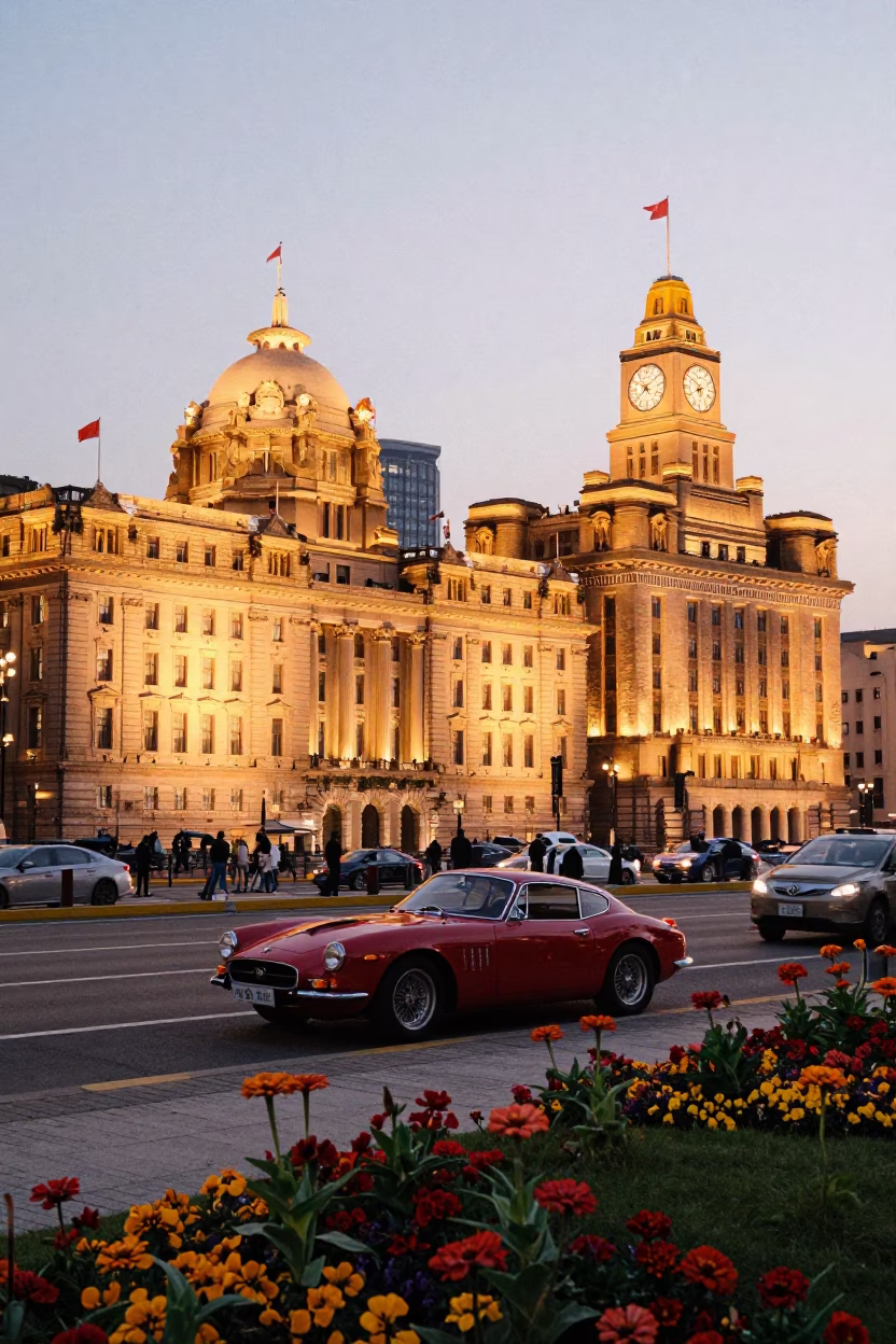 Shanghai Huangpu River Promenade Evening Street Scene with Zinnias and Vintage Car in in Shanghai, China
