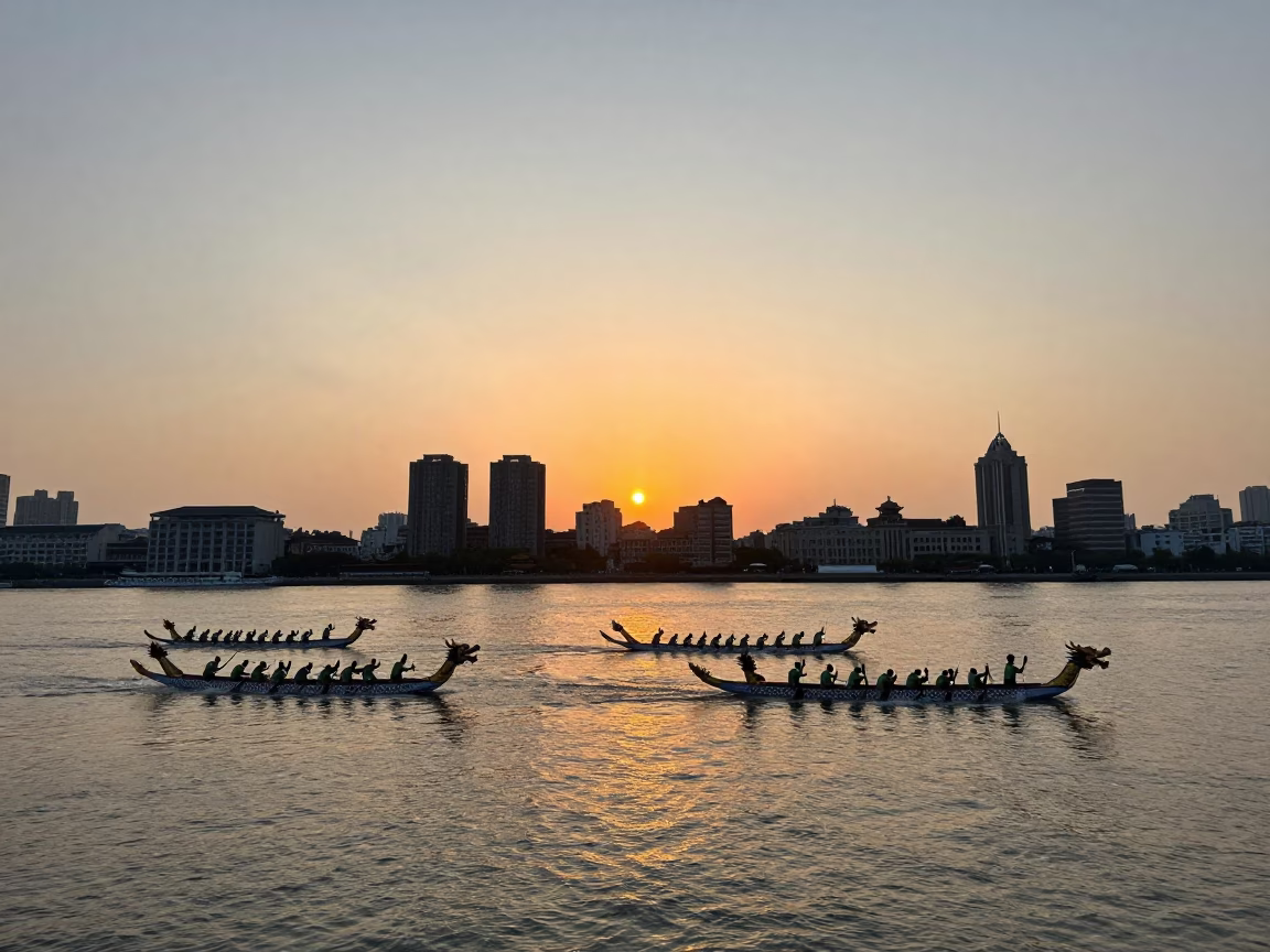 Shanghai Huangpu River Sunset Dragon Boat Festival Race with Condensation on Glass in in Shanghai, China