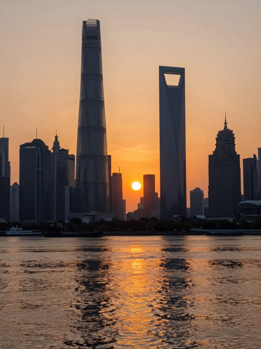 Shanghai Huangpu River Sunset Skyline and Urban Waterfront Life in in Shanghai, China