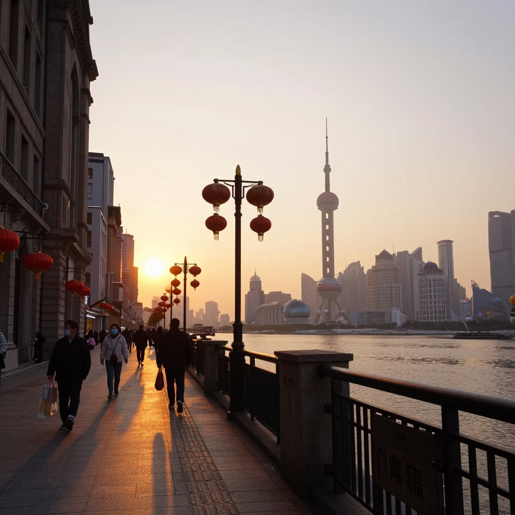 Shanghai Huangpu River Sunset Street Scene with Traditional Lanterns and City Skyline in in Shanghai, China