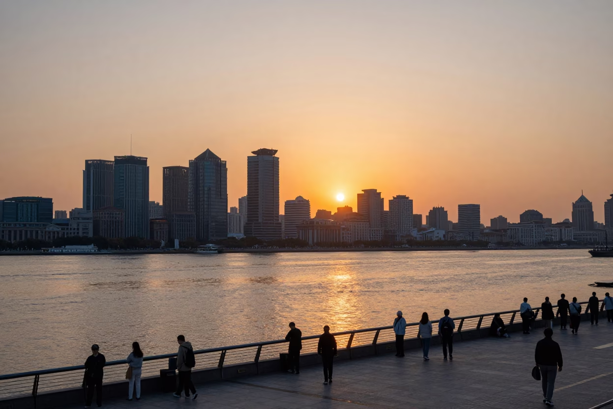 Shanghai Huangpu River Sunset View from The Bund Promenade with City Skyline in in Shanghai, China