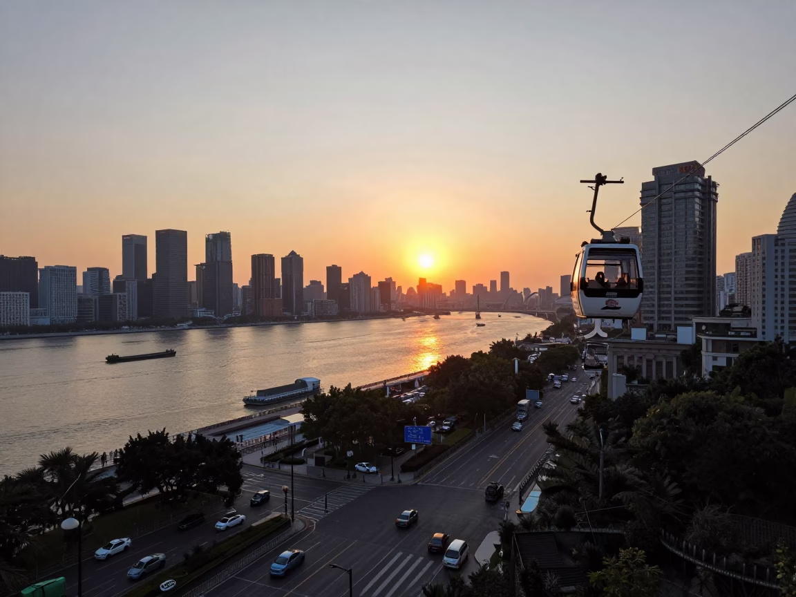 Shanghai Huangpu River Sunset with Funicular and Urban Skyline in in Shanghai, China