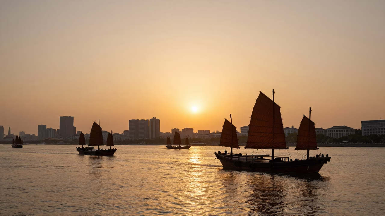 Shanghai Huangpu River Sunset with Traditional Junk Boats and Modern Skyline in in Shanghai, China