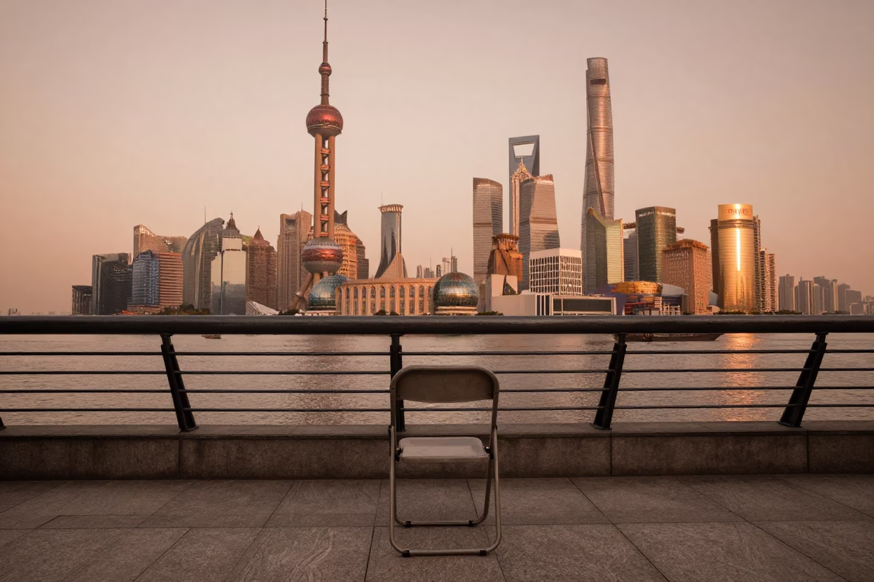 Shanghai Huangpu Riverfront Sunset View with Vintage Folding Chair and Urban Skyline in in Shanghai, China