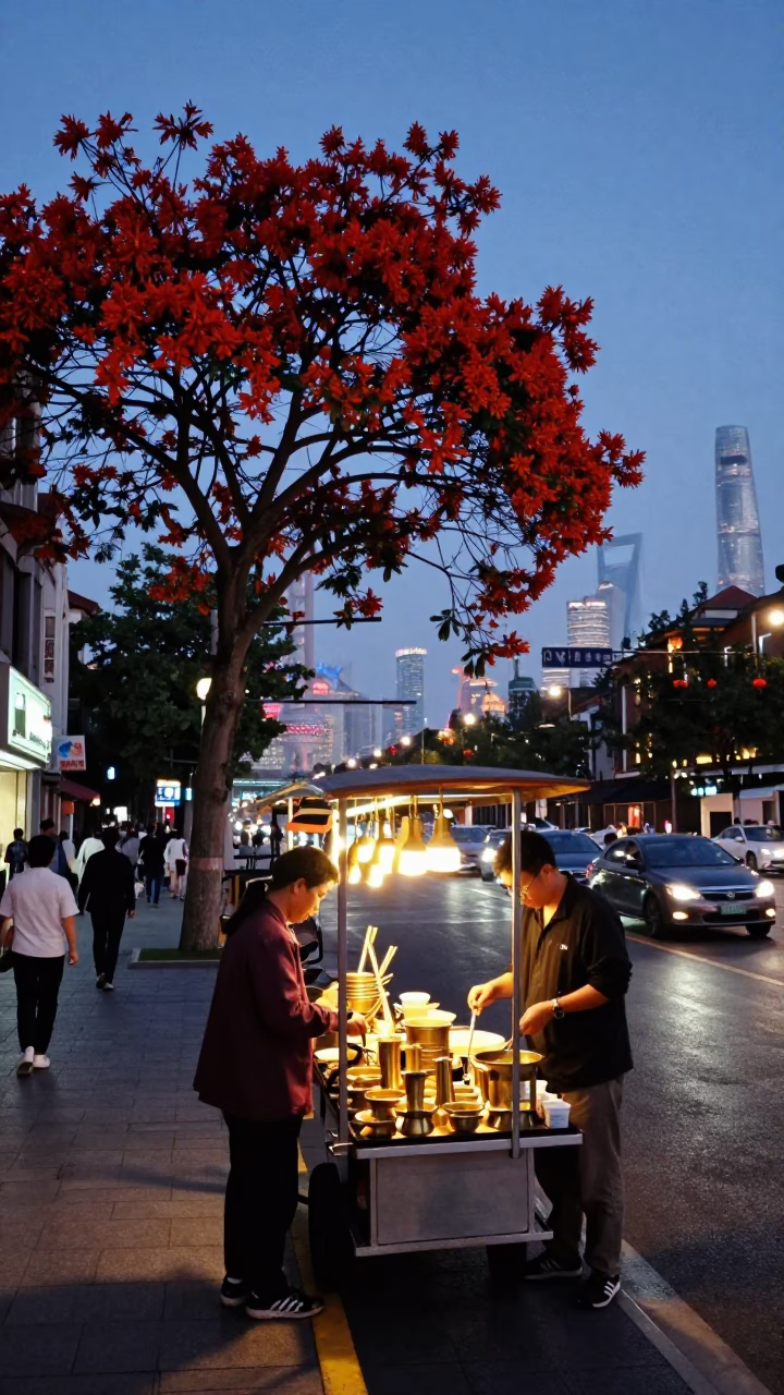 Shanghai Indigo Twilight Street Scene with Flame Tree and Brass Runner Detail in in Shanghai, China