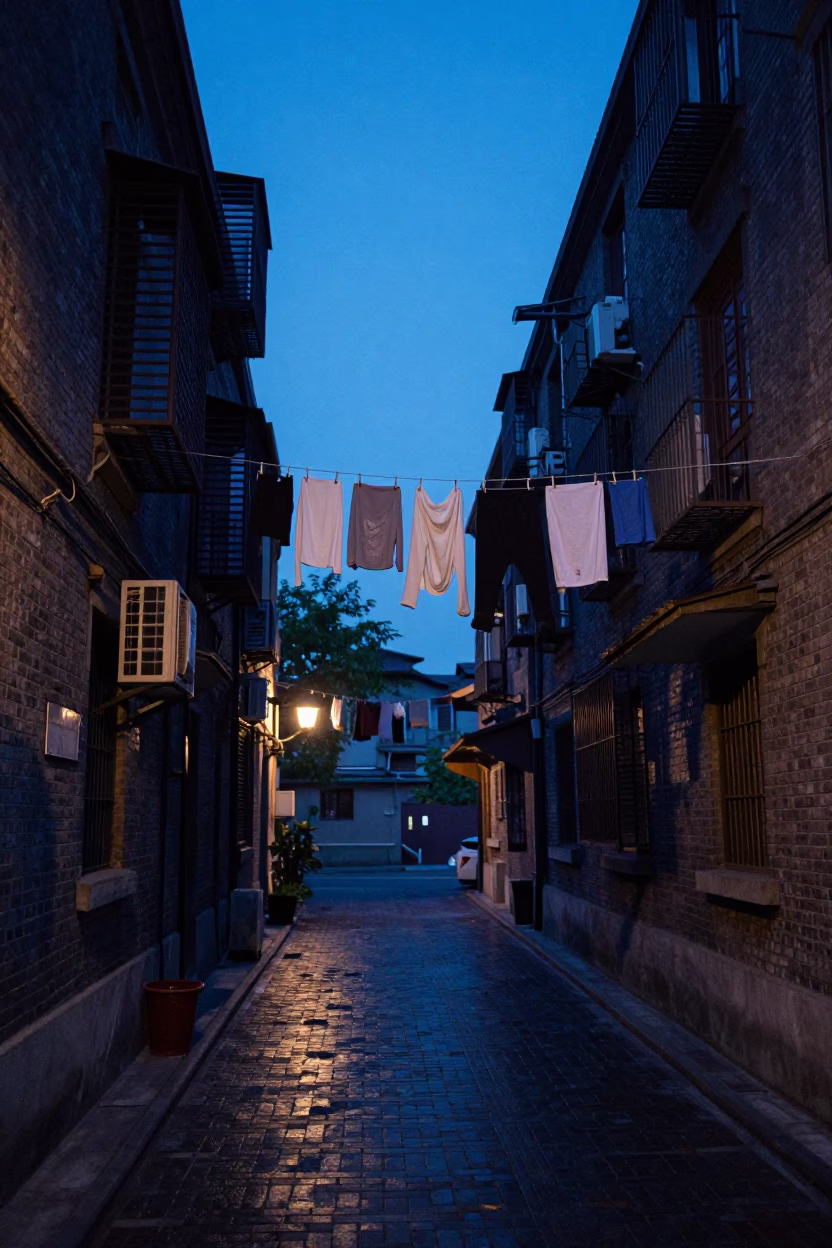 Shanghai indigo twilight street scene with hanging laundry and wet pavement reflections in in Shanghai, China