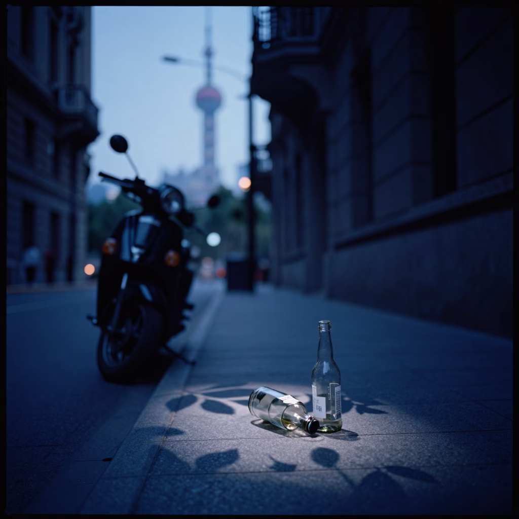 Shanghai Indigo Twilight Street Scene with Motorcycle and Urban Details in in Shanghai, China