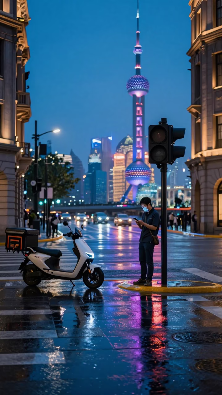 Shanghai Indigo Twilight Street Scene with Neon Reflections and Urban Life in in Shanghai, China