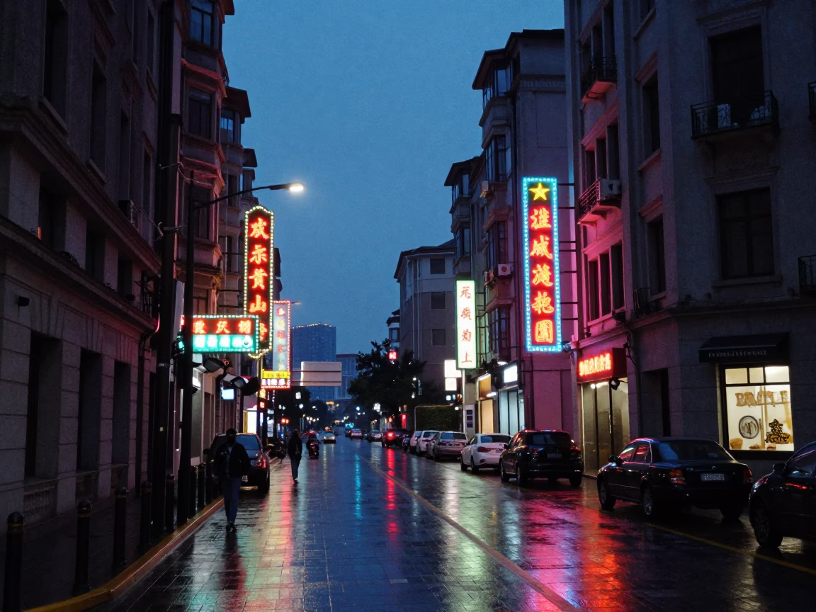 Shanghai indigo twilight street scene with neon signs and pedestrian activity in in Shanghai, China