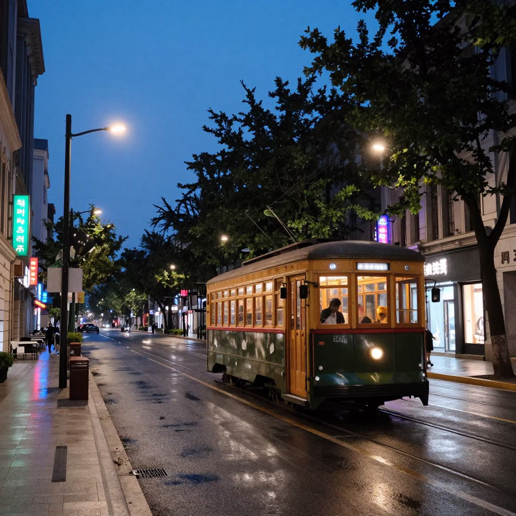 Shanghai Indigo Twilight Street Scene with Old Trolley and Urban Details in in Shanghai, China