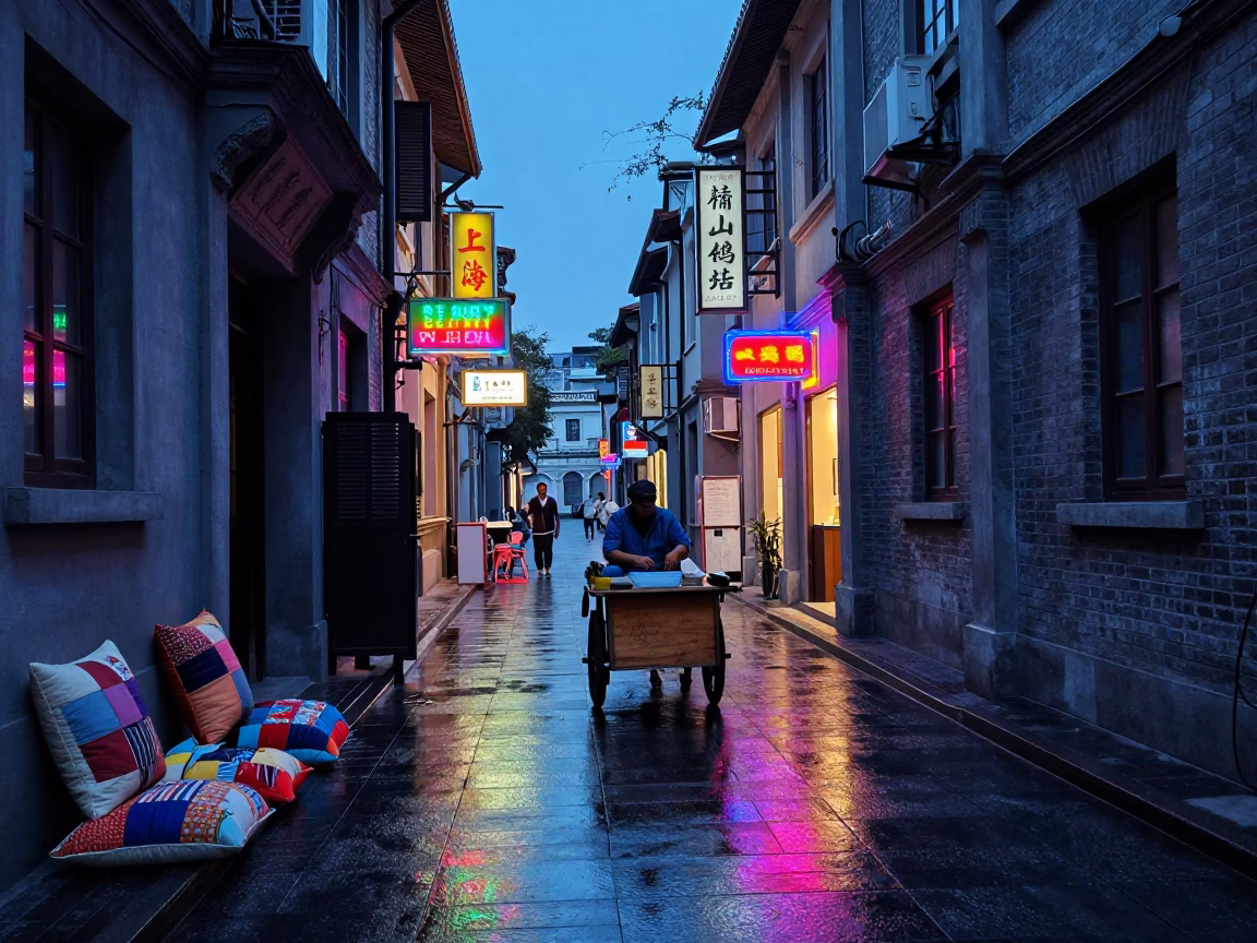 Shanghai Indigo Twilight Street Scene with Patchwork Pillows and Salt Shaker in in Shanghai, China