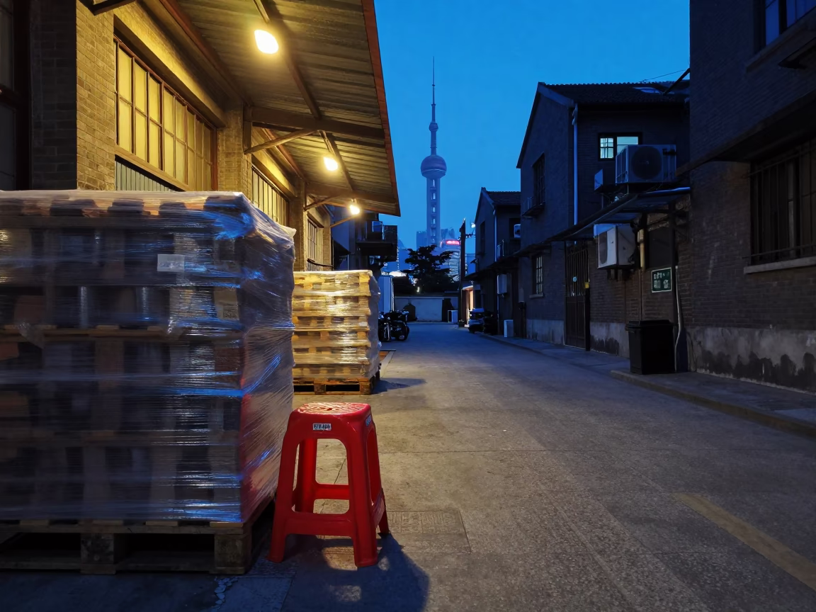 Shanghai indigo twilight street scene with red plastic stool and warehouse lighting in in Shanghai, China