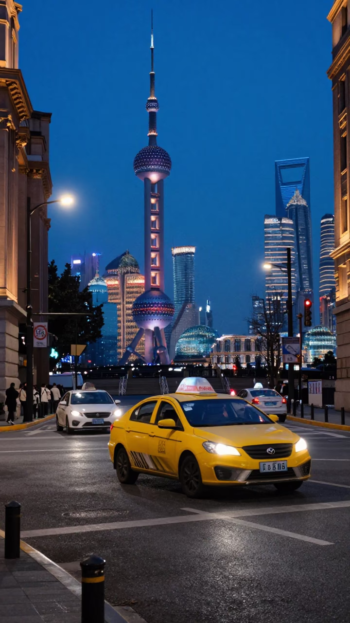 Shanghai indigo twilight street scene with yellow taxi and neon signs near metro entrance in in Shanghai, China