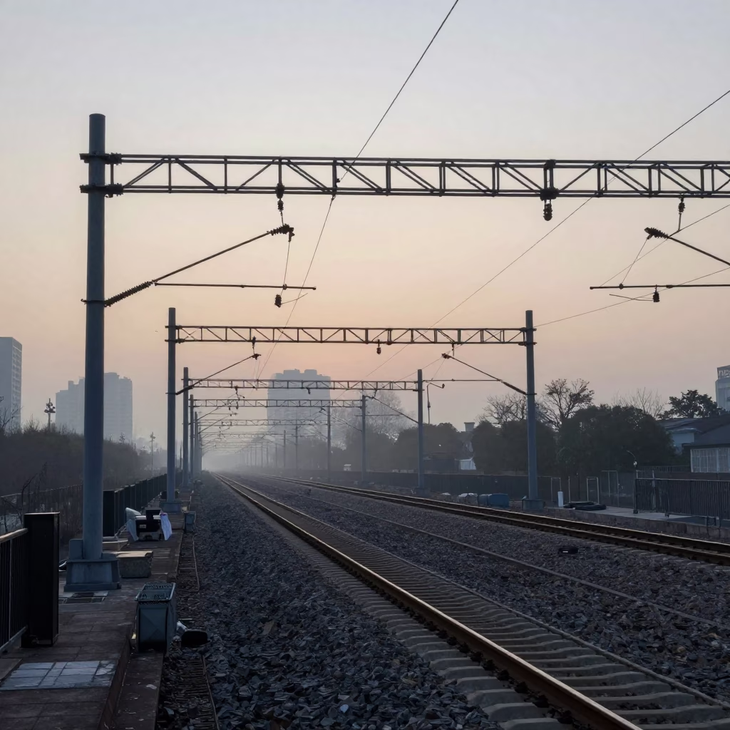 Shanghai Industrial Rail Catenary System Receding Through Pre-Dawn Fog Before Sunrise in in Shanghai, China