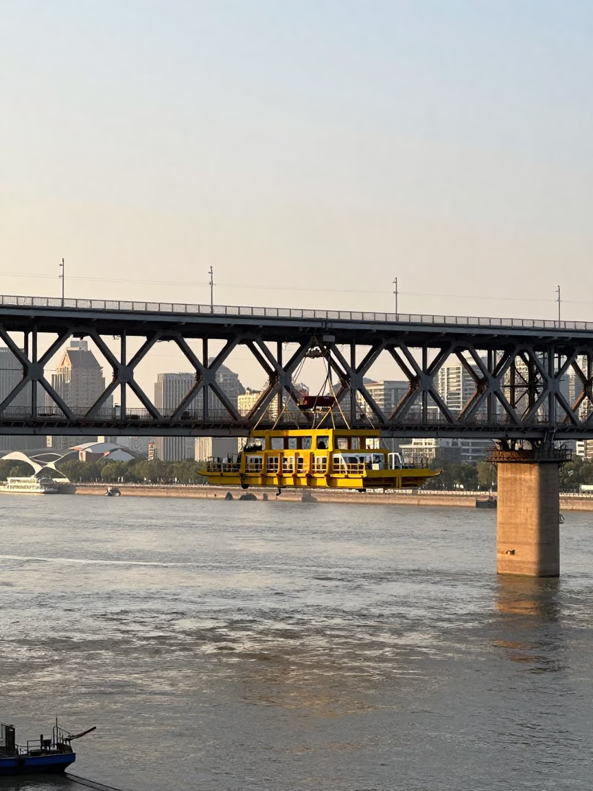 Shanghai Late Afternoon Bridge Maintenance Cradle Over Green River Water in in Shanghai, China