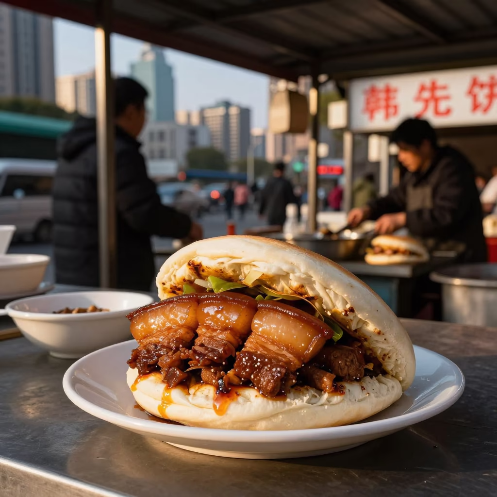 Shanghai Late Afternoon Street Food Stall with Gua Bao and Glass Bottles in in Shanghai, China