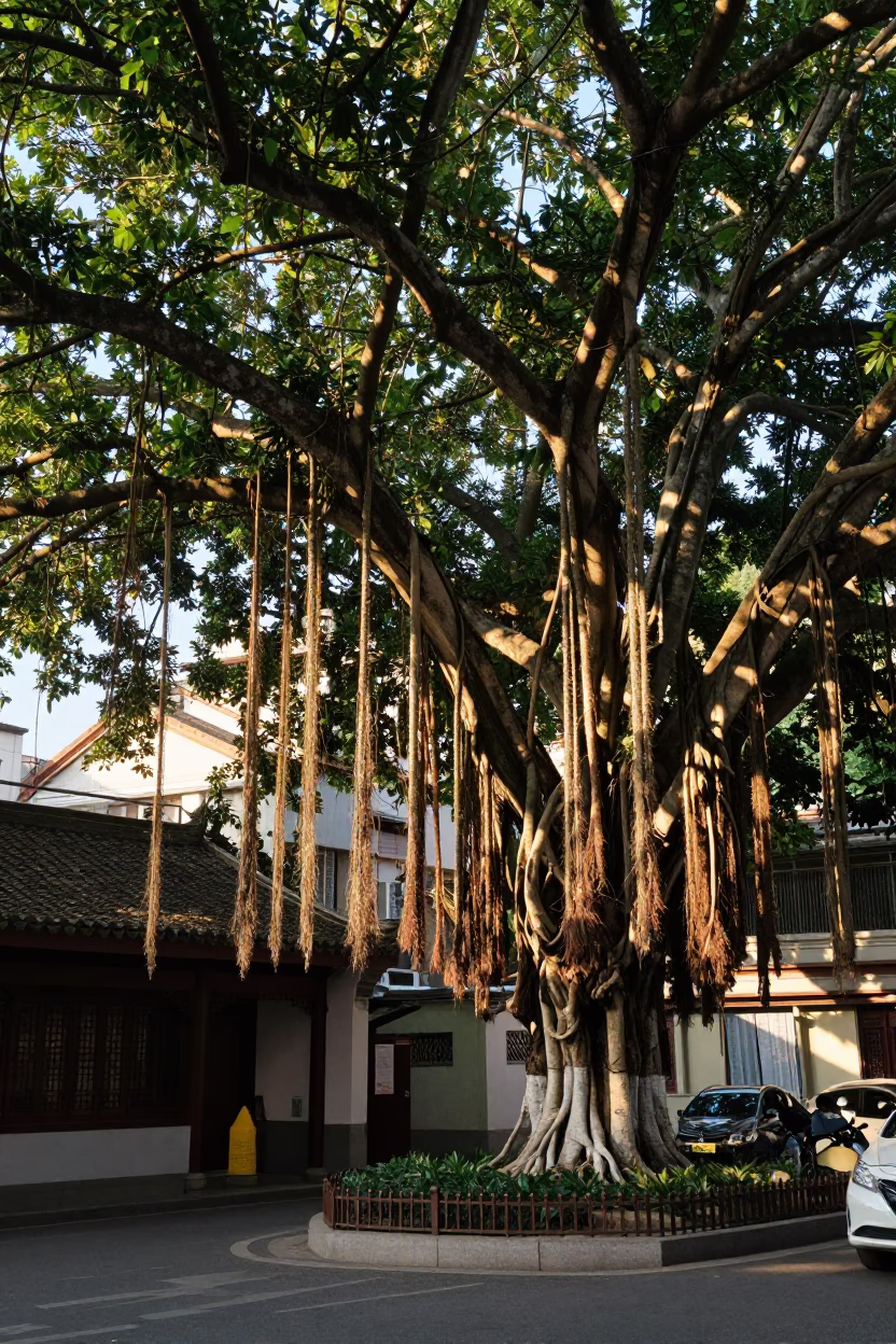 Shanghai Late Afternoon Street Scene With Banyan Grove And Garden Benches in in Shanghai, China