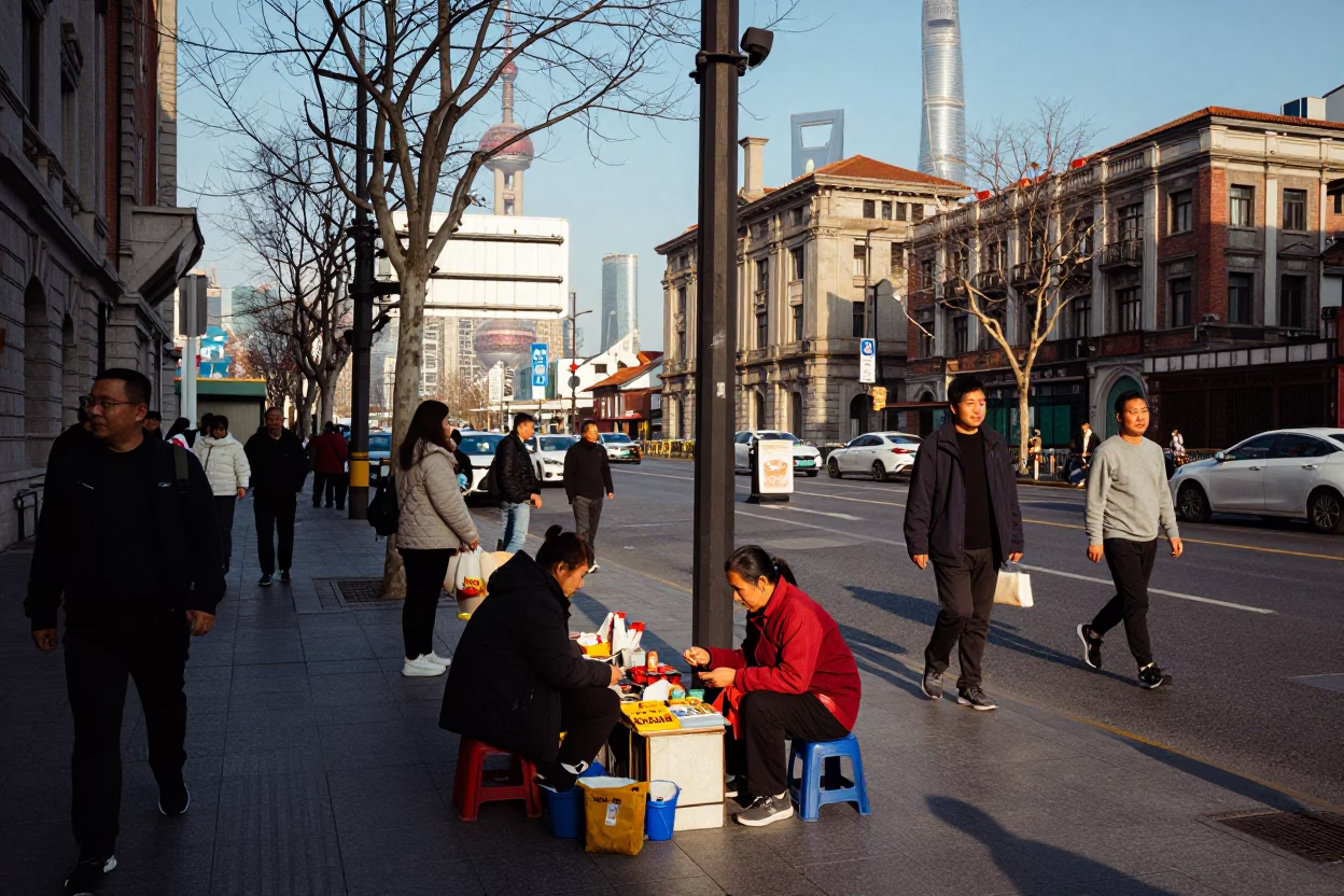 Shanghai Late Afternoon Street Scene with Local Vendor and Woven Mats in in Shanghai, China