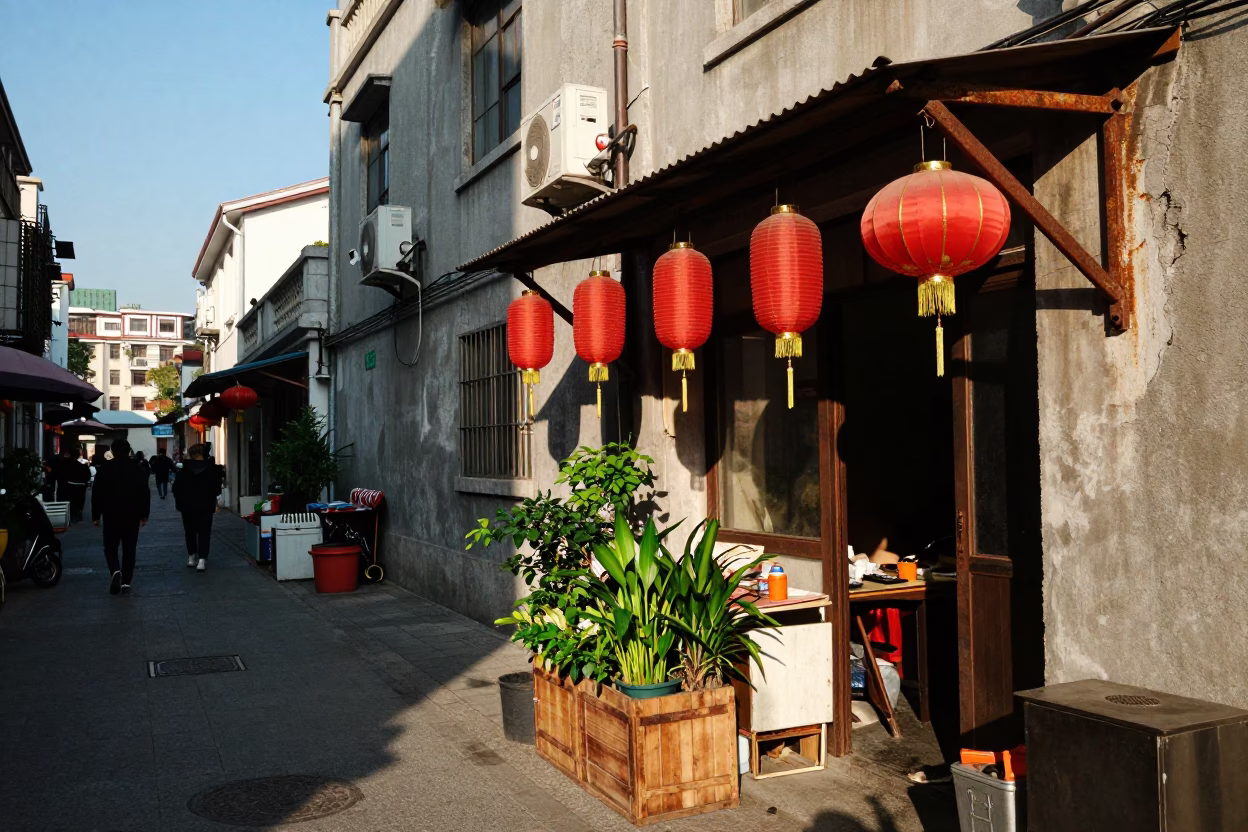 Shanghai Late Afternoon Street Scene with Paper Lanterns and Houseplants in in Shanghai, China