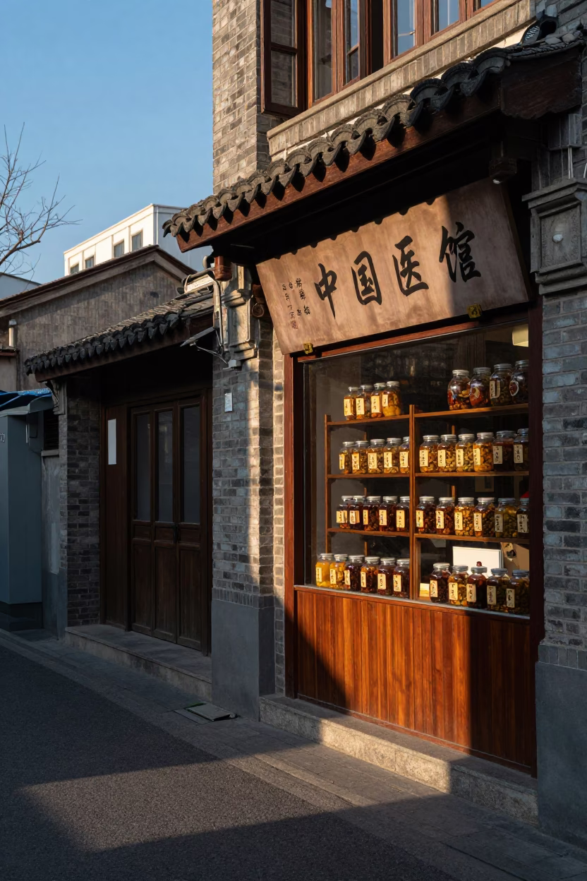 Shanghai Late Afternoon Street Scene with Traditional Chinese Medicine Shop and Hanging Dried Ingredients in in Shanghai, China