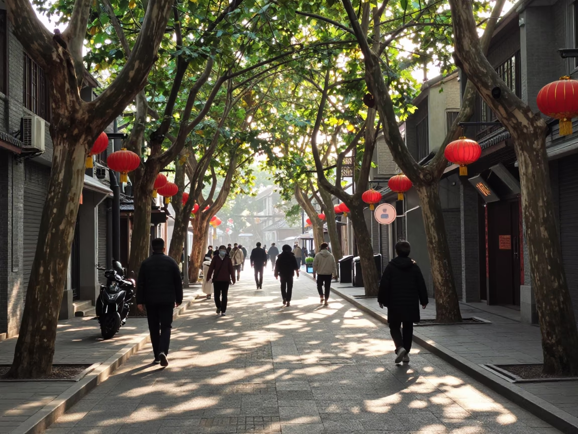 Shanghai Late Morning Street Scene with Traditional Lanterns and Local Pedestrians in in Shanghai, China