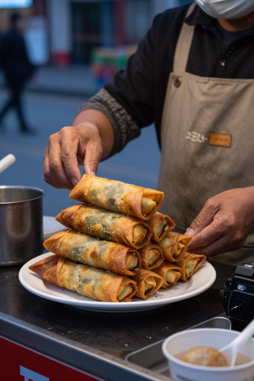 Shanghai Lumpia Spring Rolls at The Early Evening Light in in Shanghai, China