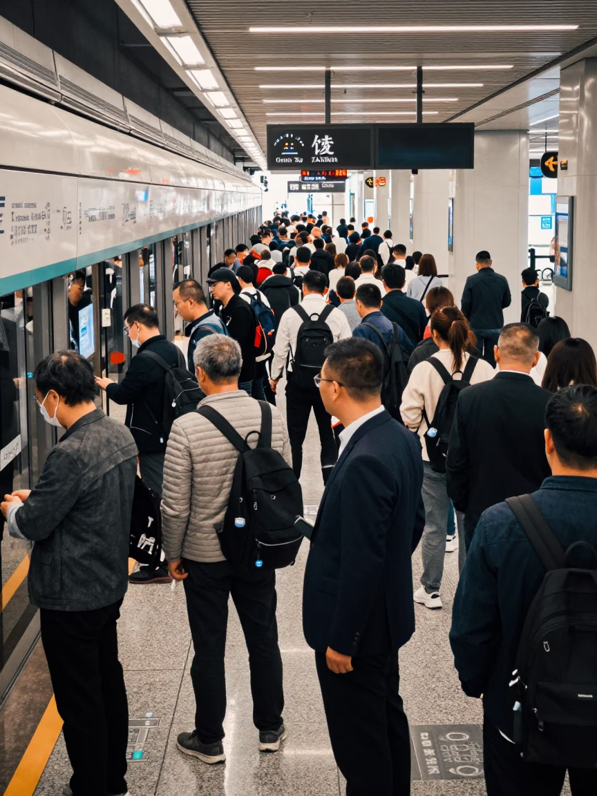 Shanghai Metro Commuter Train Platform Late Morning Crowd Scene in in Shanghai, China