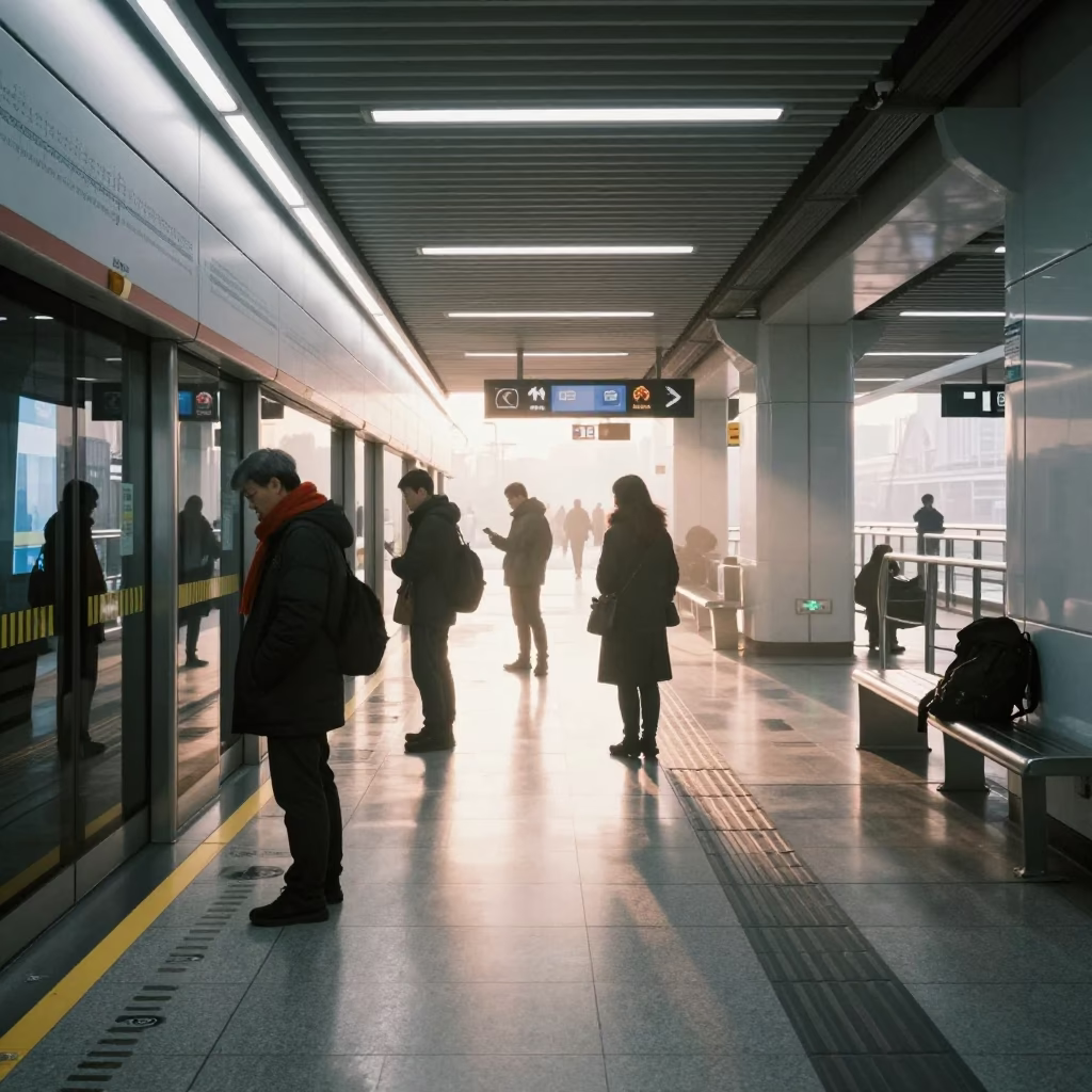 Shanghai Metro Platform Commuters Before Sunrise with Morning Scarves in in Shanghai, China