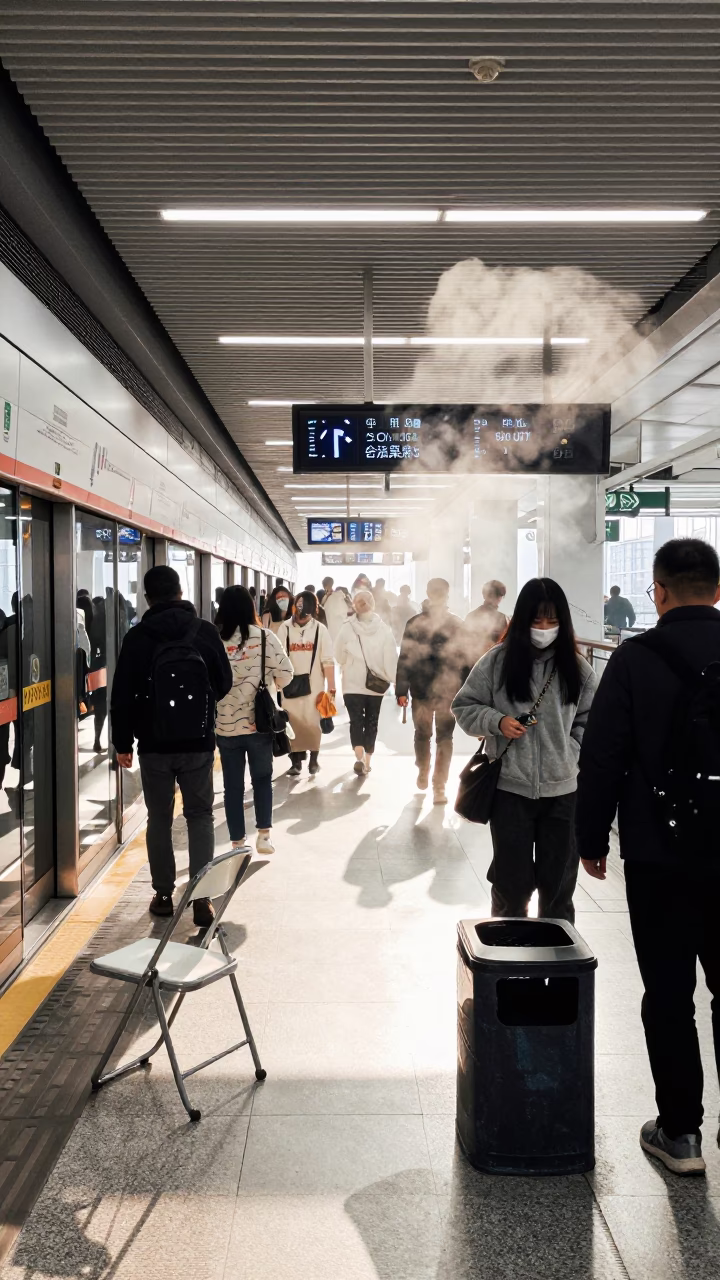 Shanghai Metro Platform Morning Commute with Steam Haze and Folding Chair in in Shanghai, China