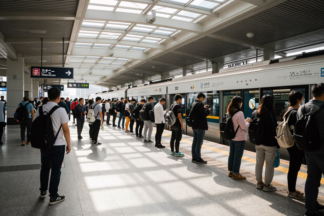 Shanghai Metro Station Commuters with Brushed Steel Rail and Dust Mop at Midday in in Shanghai, China