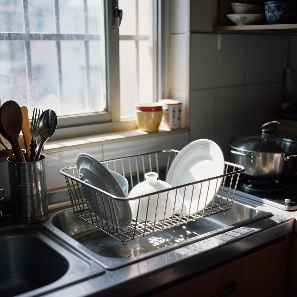 Shanghai Midday Kitchen Scene with Cutlery and Dish Drainer in Apartment in in Shanghai, China