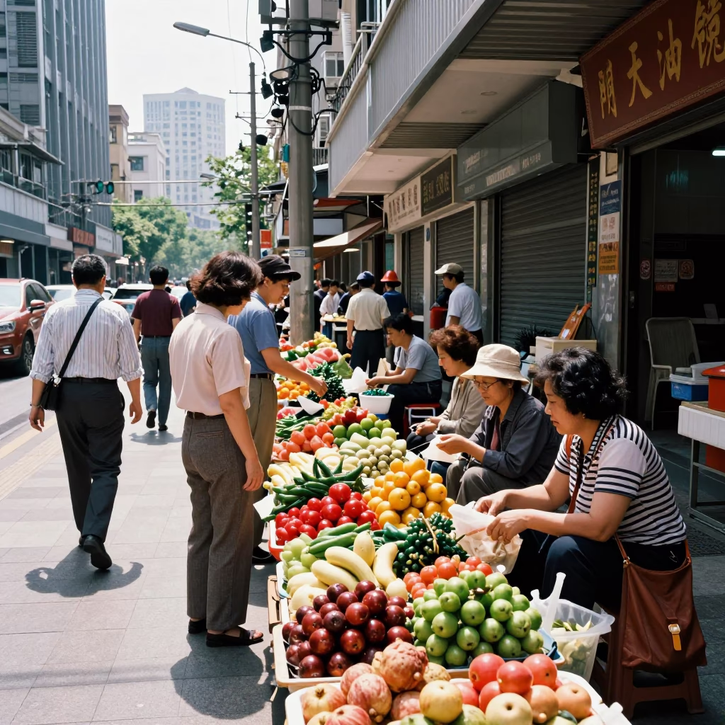 Shanghai Midday Street Scene with Colorful Produce and Urban Life in in Shanghai, China