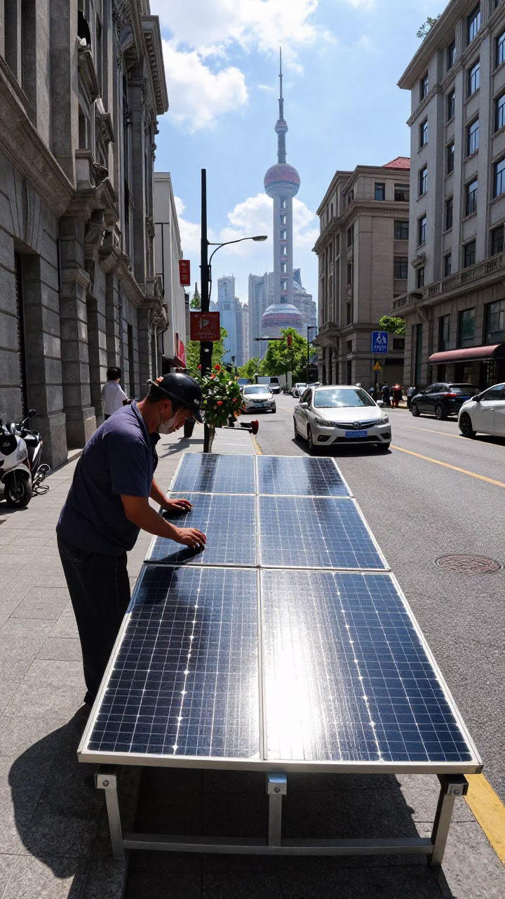 Shanghai Midday Street Scene with Solar Array Reflections and Urban Architecture in in Shanghai, China
