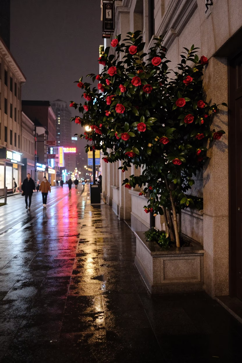 Shanghai Midnight Street Scene with Camellia and Neon Reflections in in Shanghai, China