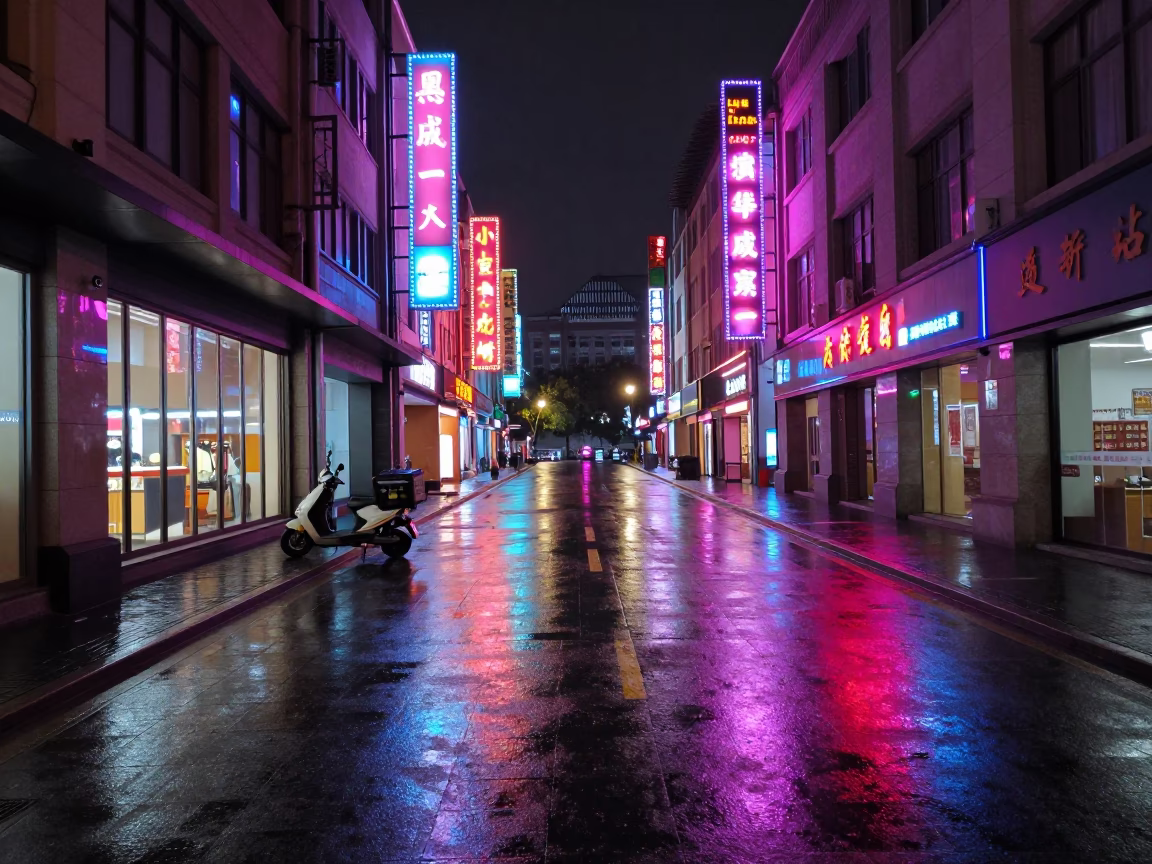 Shanghai Midnight Street Scene with Neon Reflections and Urban Details in in Shanghai, China