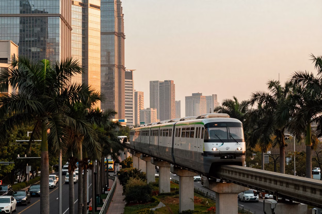 Shanghai Monorail Gliding Past Glass Towers and Palm Trees in Honeyed Evening Light in in Shanghai, China