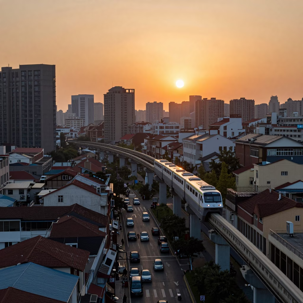 Shanghai Monorail Gliding Past Historic Neighborhoods at Sunset in in Shanghai, China