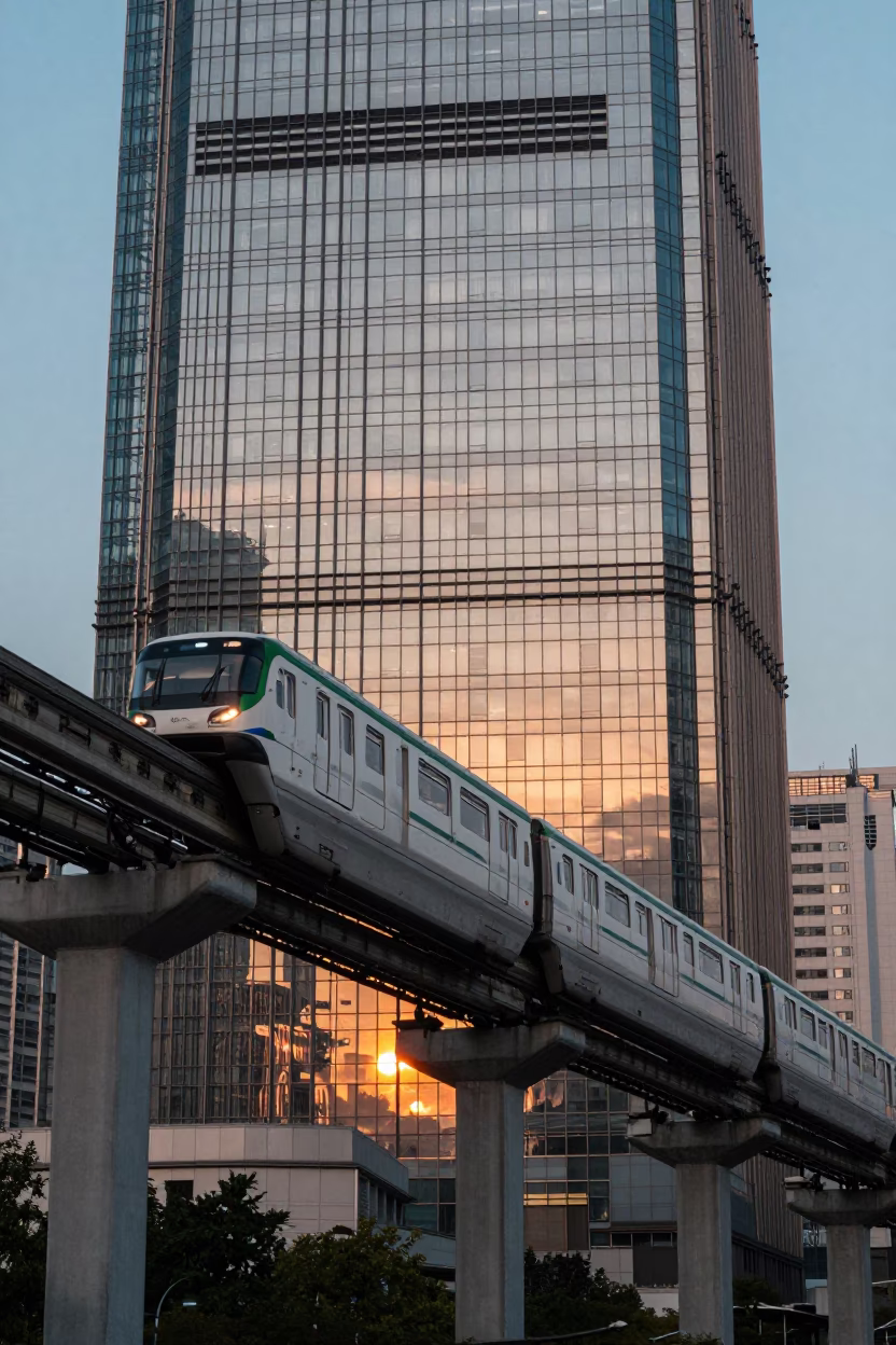 Shanghai Monorail Reflected in Glass Skyscraper at Sunset in in Shanghai, China