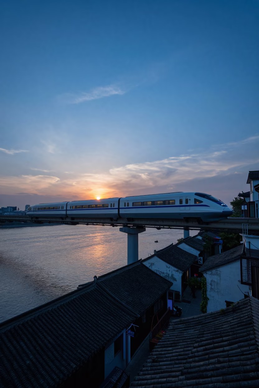 Shanghai monorail sweeping above river at blue hour with traditional alleyway details in in Shanghai, China