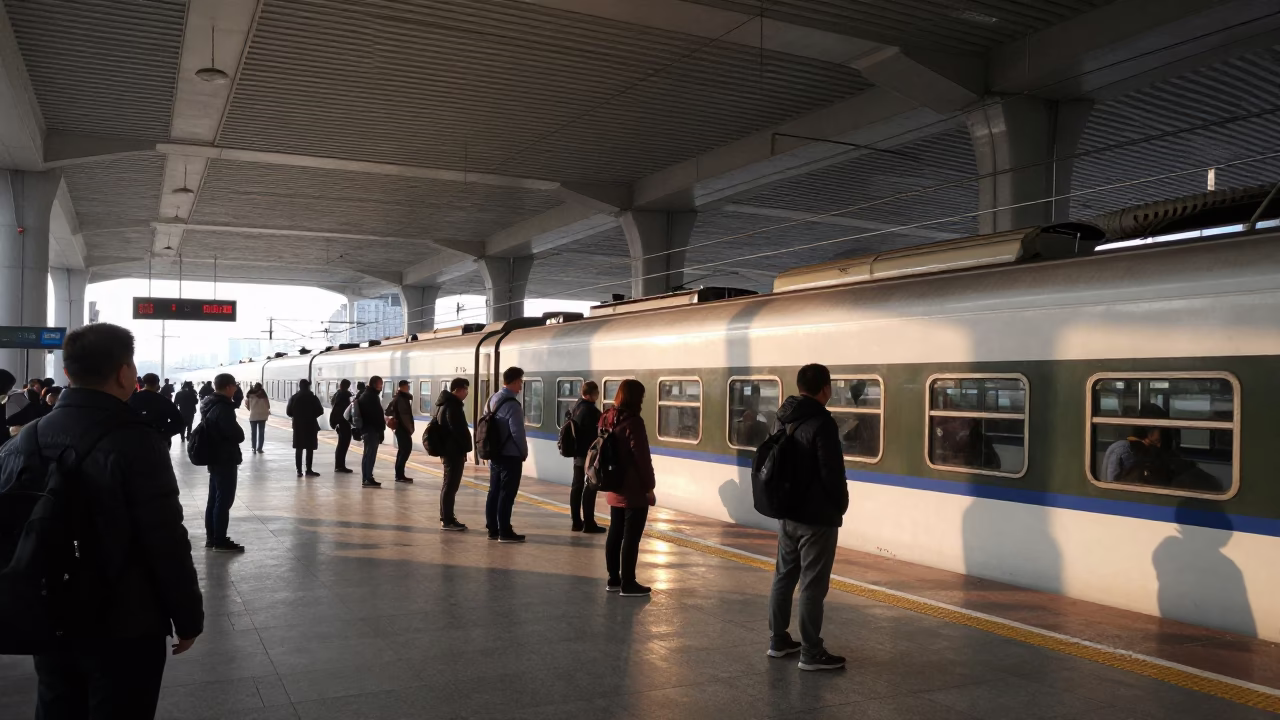 Shanghai Morning Commute at Platform with Train and Casual Attire in in Shanghai, China