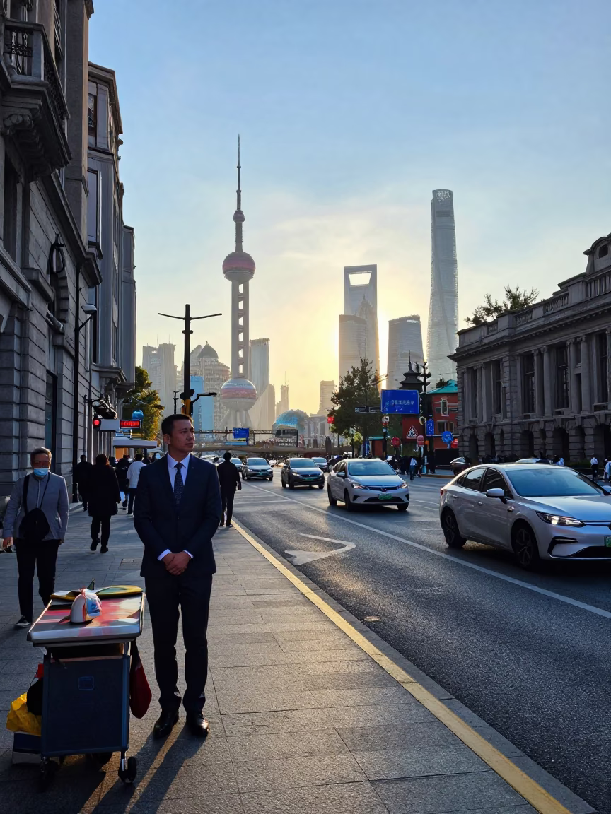 Shanghai Morning Commute on Nanjing Road with Blue and White Porcelain Teacup in in Shanghai, China