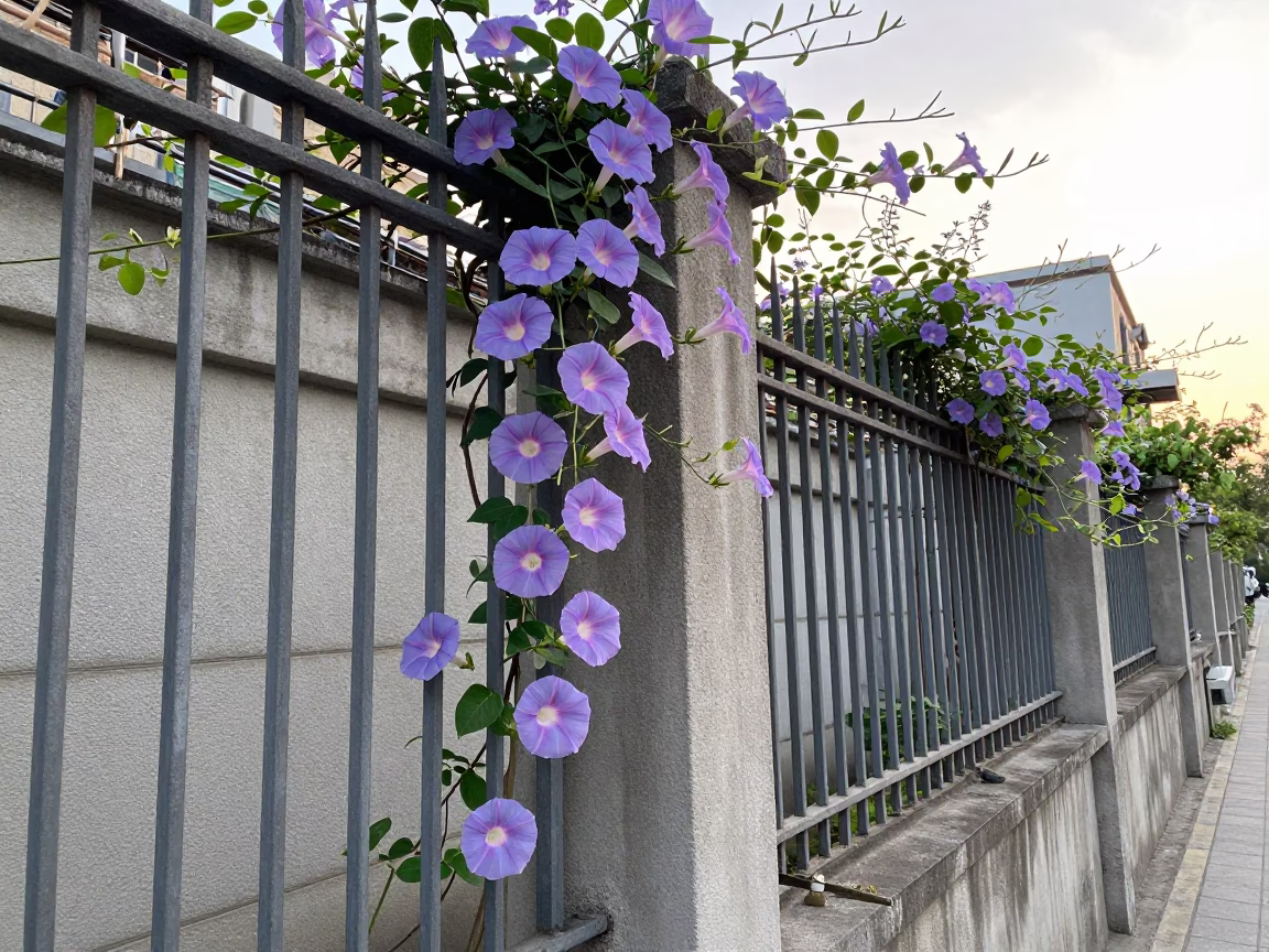 Shanghai Morning Glory Vine Climbing Fence at Dawn First Light in in Shanghai, China