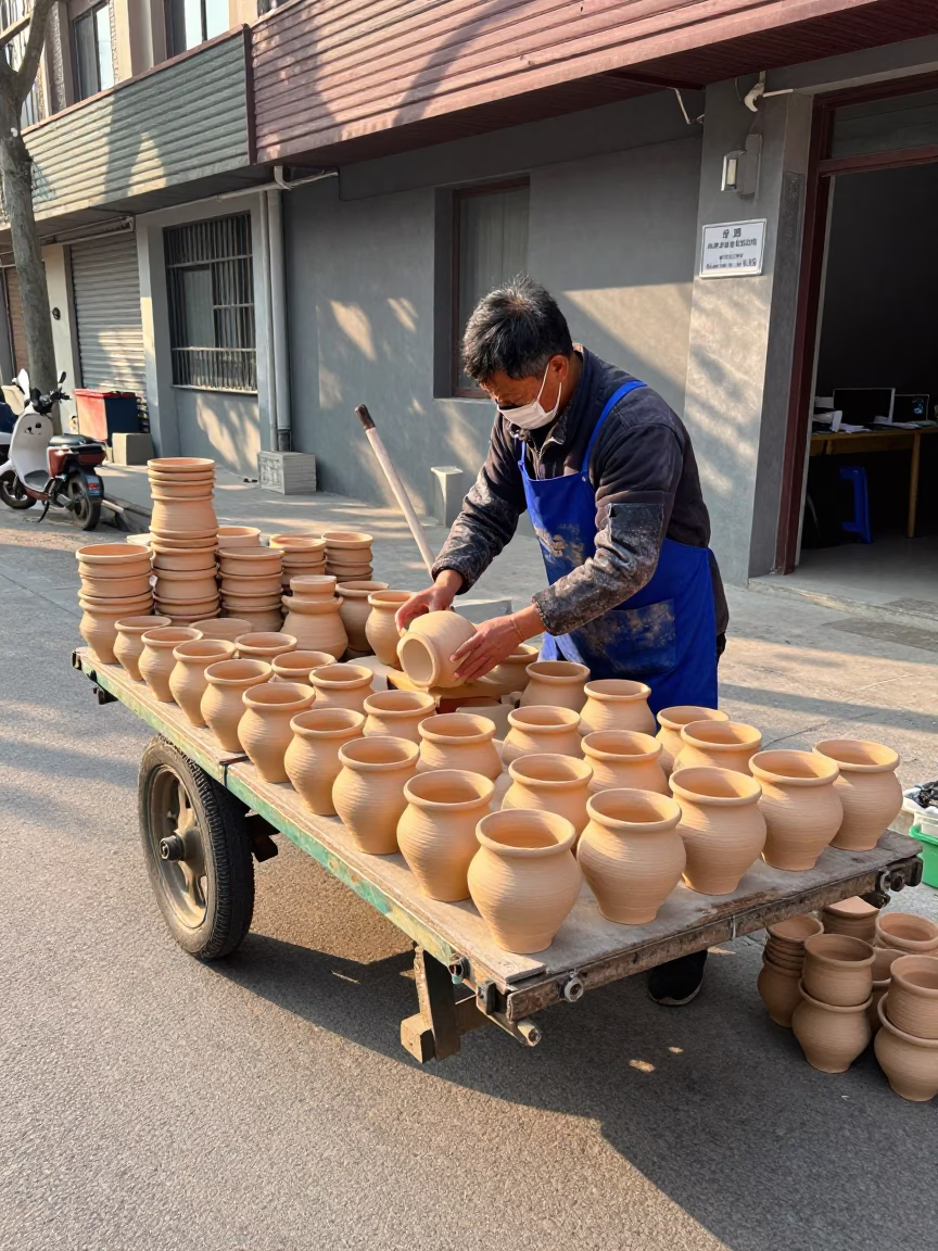 Shanghai morning market stall vendor arranging clay pots under early sun in in Shanghai, China
