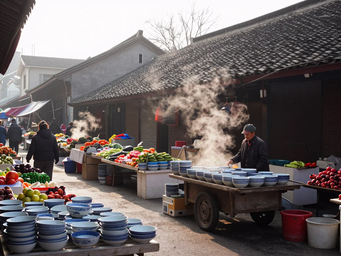 Shanghai Morning Market Stalls with Ceramic Bowls and Steam After Sunrise in in Shanghai, China