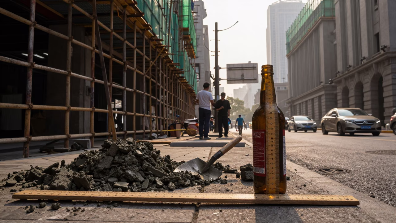 Shanghai Morning Street Scene with Bottle and Wooden Ruler Near Construction Scaffold in in Shanghai, China