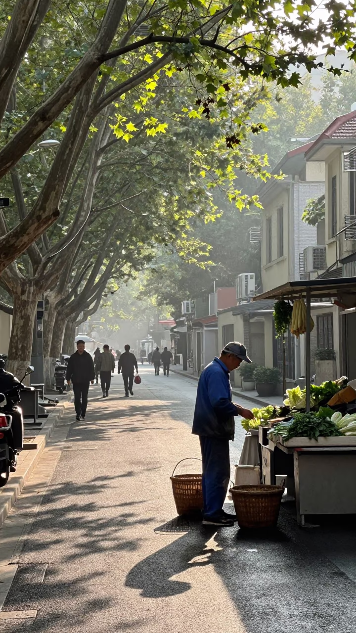 Shanghai Morning Street Scene with Woven Basket and Gardener in in Shanghai, China