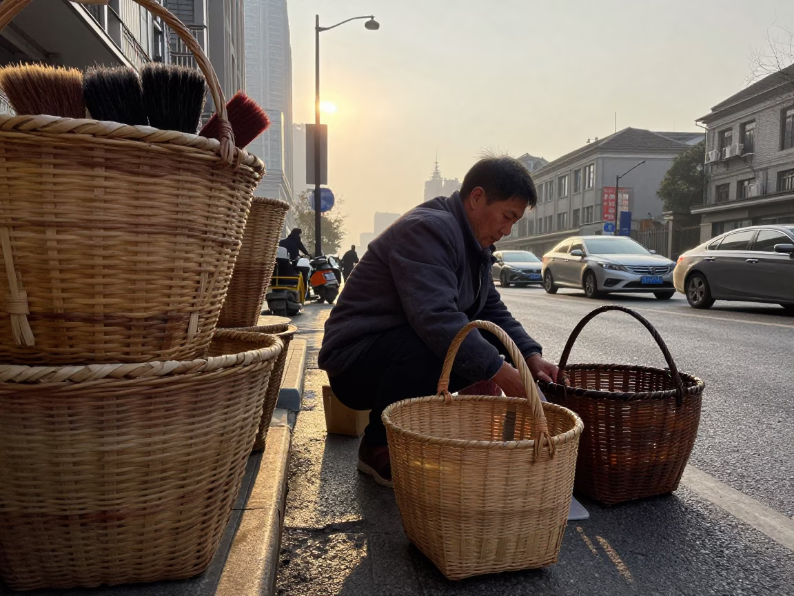 Shanghai Morning Street Scene with Woven Baskets and Brushed Steel Wall at Sunrise in in Shanghai, China