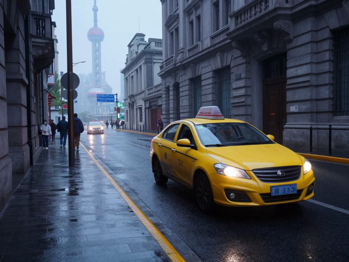 Shanghai morning street scene with yellow taxi and wet pavement before sunrise in in Shanghai, China